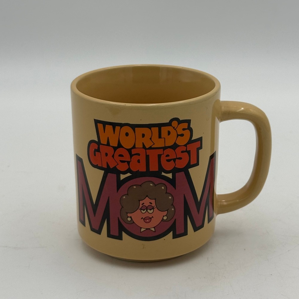 Vintage 1984 CM Paula Co Worlds Greatest Mom Coffee Mug Retro Tan Ceramic PCM 71